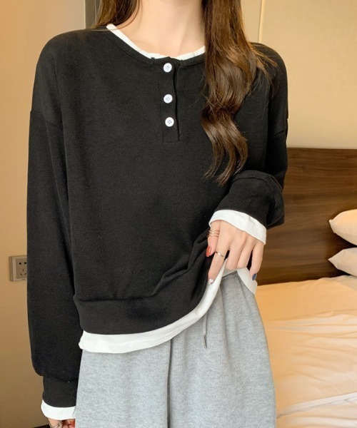 deux amour（ドゥーザムール）の「レイヤード風ヘンリーロンT（Tシャツ/カットソー・レディース・グレー/グリーン/ブラック/ブルー・FREE）」の2枚目の写真