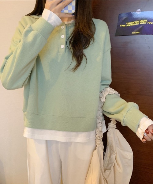 deux amour（ドゥーザムール）の「レイヤード風ヘンリーロンT（Tシャツ/カットソー・レディース・グレー/グリーン/ブラック/ブルー・FREE）」の6枚目の写真