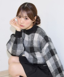 ショート丈チェック柄シャギーニット