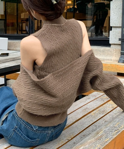 Miniministore（ミニミニストア）の「ニットカーディガン タンクトップ セット（ニット/セーター・レディース・モカ/ダークグレー/アイボリー/ブラック・フリー）」の4枚目の写真