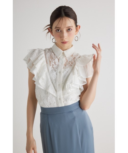 rienda（リエンダ）の「メッシュレースコンビフリルブラウス 春服（シャツ/ブラウス・レディース・ホワイト/ライトピンク/ブラック・FREE）」の5枚目の写真
