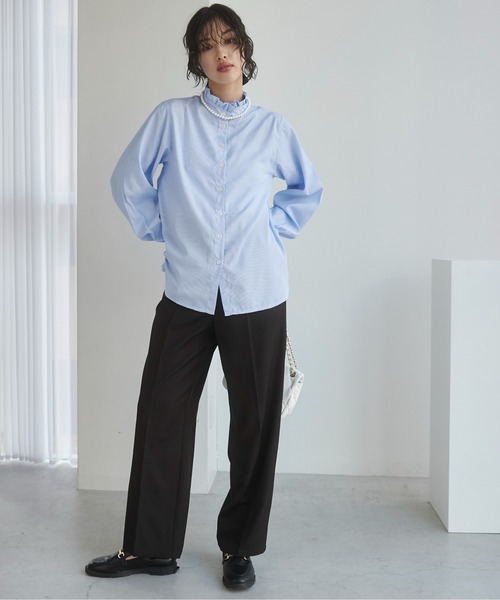 【BEARDSLEY】リネン ラミー 2way フリル スタンドカラー ブラウス BEARDSLEY】リネン ラミー 2way フリル スタンドカラー ブラウス