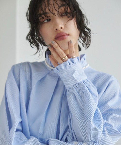 45R♪コットンフリルシャツ　ブルー　スタンドカラー　2 45R♪コットンフリルシャツ ブルー 2 スタンドカラー