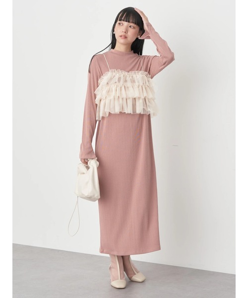 earth music&ecology（アースミュージックアンドエコロジー）の「SET2点リブワンピース+チュールビスチェ（ワンピース・レディース・ブラック/ピンク系その他2・FREE）」の4枚目の写真