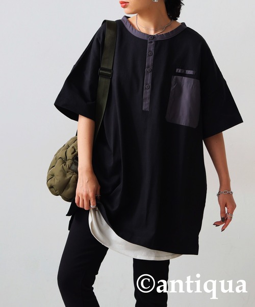 antiqua(アンティカ)の「バスクヘンリーTシャツ(Tシャツ/カットソー・レディース・カーキ/ブラック/ホワイト・FREE)」の2枚目の写真