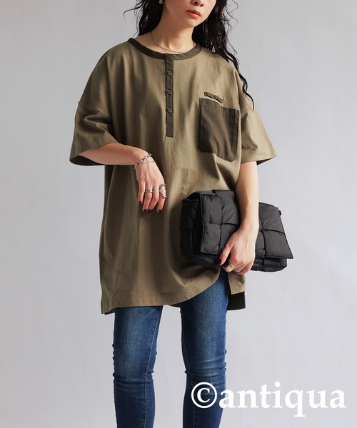 antiqua(アンティカ)の「バスクヘンリーTシャツ(Tシャツ/カットソー・レディース・カーキ/ブラック/ホワイト・FREE)」の12枚目の写真