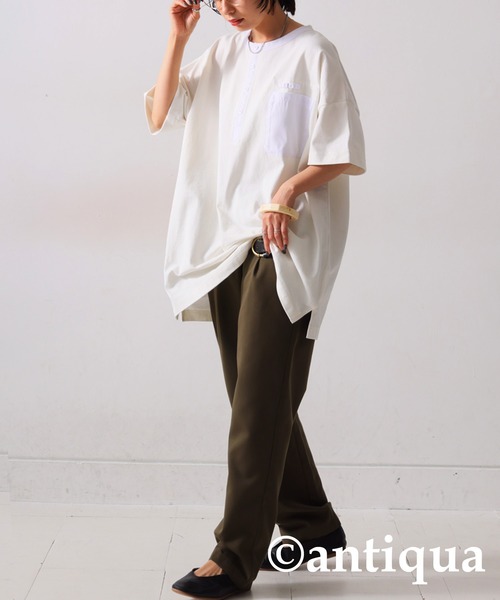 antiqua(アンティカ)の「バスクヘンリーTシャツ(Tシャツ/カットソー・レディース・カーキ/ブラック/ホワイト・FREE)」の5枚目の写真