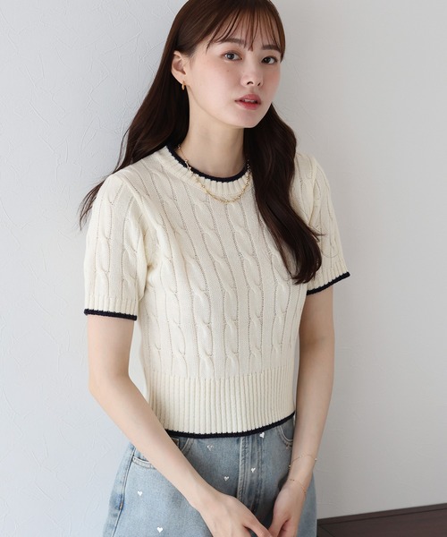 ネイビー ケーブル編み 半袖セーター UNIQLO ユニクロ ケーブルクルーネックセーター 半袖 ネイビー