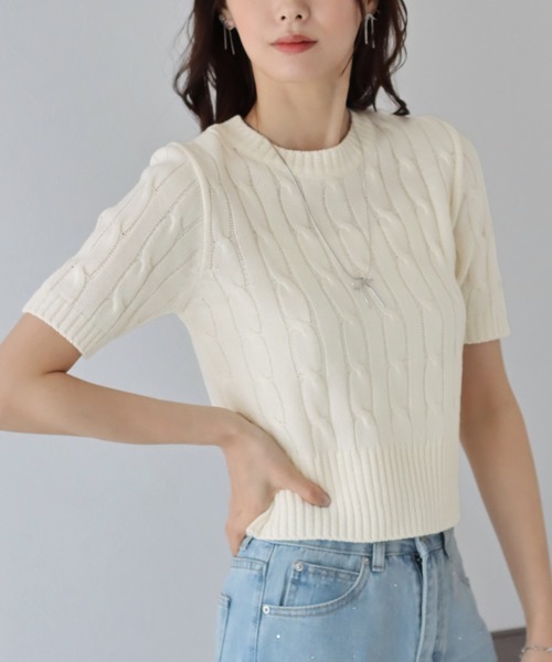 BLUEEAST（ブルーイースト）の「半袖ケーブルニット（ニット/セーター・レディース・アイボリー/グリーン/ブルー/ネイビー/チャコールグレー/ミント/ピンク/イエロー/ブラック系/アイボリー系/レッド・MEDIUM）」の14枚目の写真