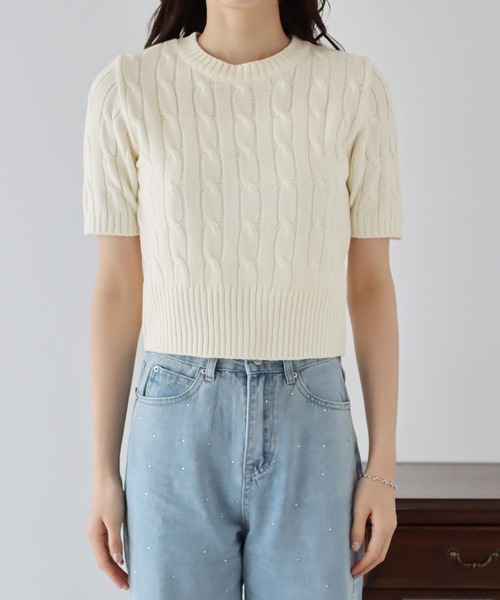 BLUEEAST（ブルーイースト）の「半袖ケーブルニット（ニット/セーター・レディース・アイボリー/グリーン/ブルー/ネイビー/チャコールグレー/ミント/ピンク/イエロー/ブラック系/アイボリー系/レッド・MEDIUM）」の22枚目の写真