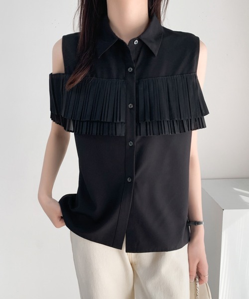 ECLIN（エクラン）の「異素材プリーツドッキングシャツブラウス（シャツ/ブラウス・レディース・ホワイト/ブラック/ネイビー/ブルー・M/L）」の9枚目の写真