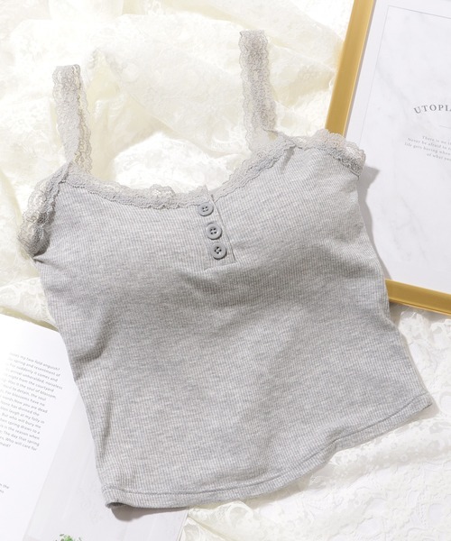 Lace Ladies(レースレディース)の「ヘンリーネック レーシィ クロップド カップ付き タンクトップ(キャミソール・レディース・ブラック/グレー/ホワイト/ピンク/ミント・FREE)」の4枚目の写真