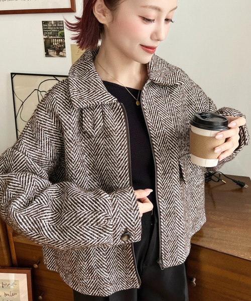 セール】フェイクウールヘリンボーン2WAYカラーショートジップブルゾン