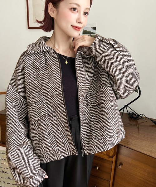 セール】フェイクウールヘリンボーン2WAYカラーショートジップブルゾン