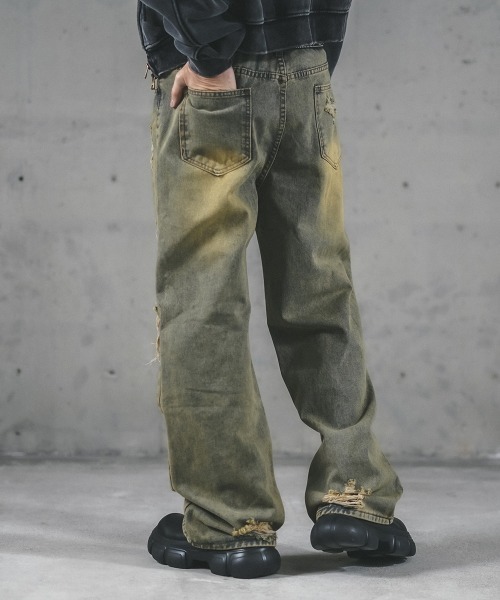 【HUECLOSET】★送料・関税込★レトロウォッシュデニムパンツ ソフトタッチデニム 影残しワイドパンツ ケミカルウォッシュ