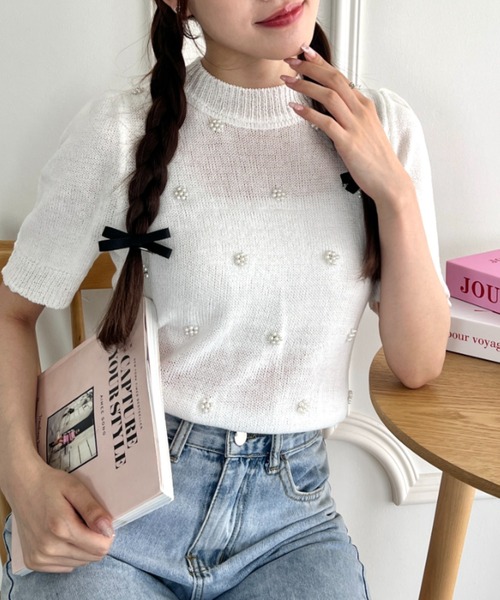 Loueme(ルエム)の「フラワーパールパフスリーブトップス(Tシャツ/カットソー・レディース・ライトブルー/ピンク/ホワイト/イエロー・FREE)」の1枚目の写真