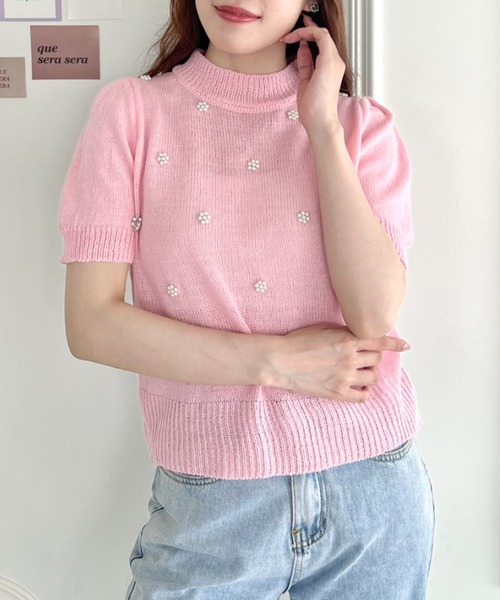 Loueme(ルエム)の「フラワーパールパフスリーブトップス(Tシャツ/カットソー・レディース・ライトブルー/ピンク/ホワイト/イエロー・FREE)」の4枚目の写真