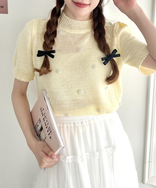 Loueme(ルエム)の「フラワーパールパフスリーブトップス(Tシャツ/カットソー・レディース・ライトブルー/ピンク/ホワイト/イエロー・FREE)」の3枚目の写真