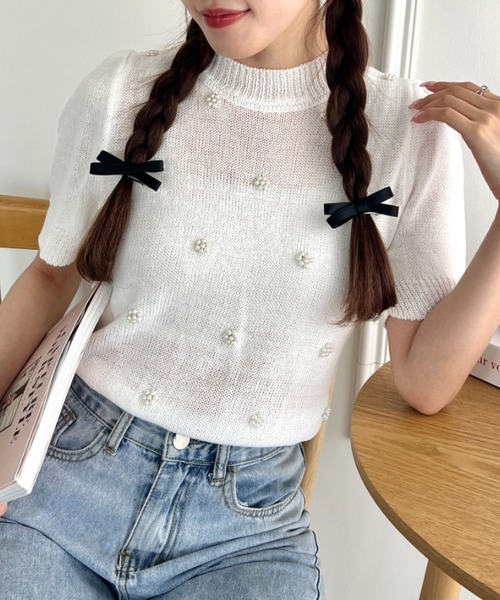 Loueme(ルエム)の「フラワーパールパフスリーブトップス(Tシャツ/カットソー・レディース・ライトブルー/ピンク/ホワイト/イエロー・FREE)」の8枚目の写真