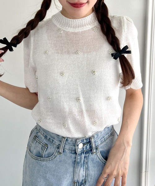 Loueme(ルエム)の「フラワーパールパフスリーブトップス(Tシャツ/カットソー・レディース・ライトブルー/ピンク/ホワイト/イエロー・FREE)」の5枚目の写真