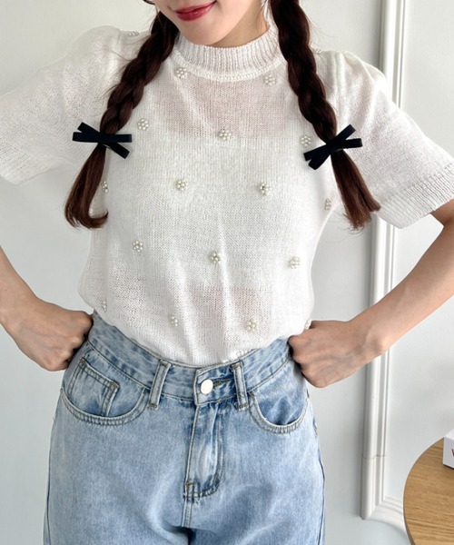 Loueme(ルエム)の「フラワーパールパフスリーブトップス(Tシャツ/カットソー・レディース・ライトブルー/ピンク/ホワイト/イエロー・FREE)」の6枚目の写真