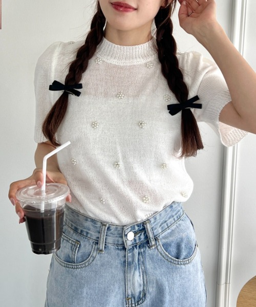 Loueme(ルエム)の「フラワーパールパフスリーブトップス(Tシャツ/カットソー・レディース・ライトブルー/ピンク/ホワイト/イエロー・FREE)」の7枚目の写真