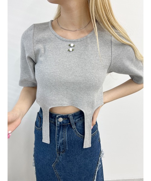 WC(ダブル シー)の「バラワンポイントガーターTシャツ(Tシャツ/カットソー・レディース・ホワイト/グレー・FREE)」の2枚目の写真