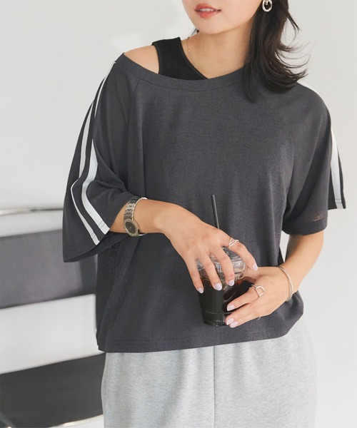 KOBE LETTUCE(コウベレタス)の「袖ラインシアーTシャツ(Tシャツ/カットソー・レディース・オフホワイト/チャコール/ブラック・M)」の8枚目の写真