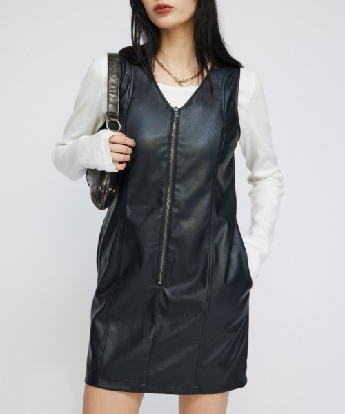【セール】FAUX LEATHER ZIP ミニワンピース（ワンピース）｜LAGUA GEM（ラグアジェム）ワンピース