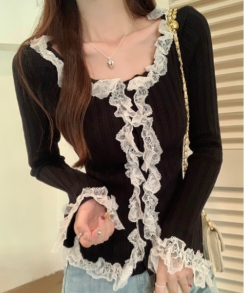 gossip!ロサンゼルス(ゴシップロサンゼルス)の「Y2K レース長袖 ニットトップス(ニット/セーター・レディース・ベージュ/オフホワイト/ブラック/ブラウン・FREE)」の3枚目の写真