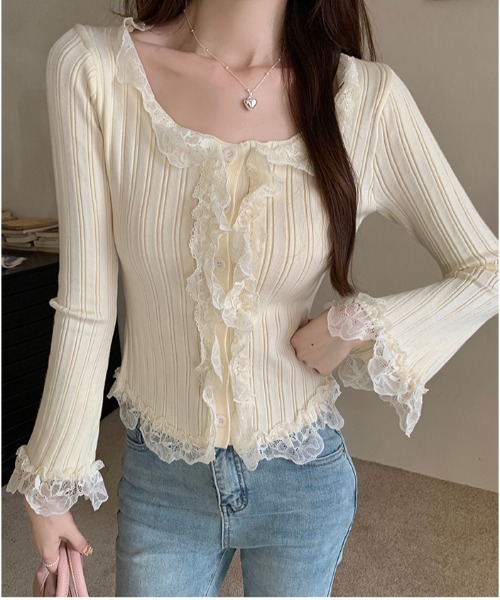 gossip!ロサンゼルス(ゴシップロサンゼルス)の「Y2K レース長袖 ニットトップス(ニット/セーター・レディース・ベージュ/オフホワイト/ブラック/ブラウン・FREE)」の14枚目の写真