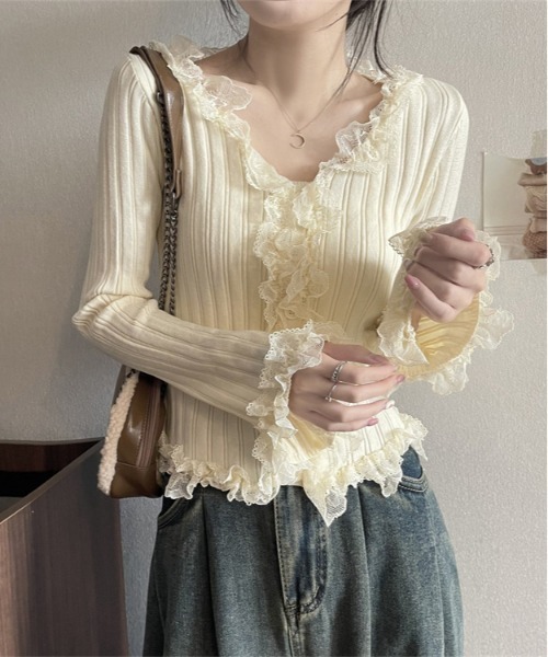 gossip!ロサンゼルス(ゴシップロサンゼルス)の「Y2K レース長袖 ニットトップス(ニット/セーター・レディース・ベージュ/オフホワイト/ブラック/ブラウン・FREE)」の18枚目の写真