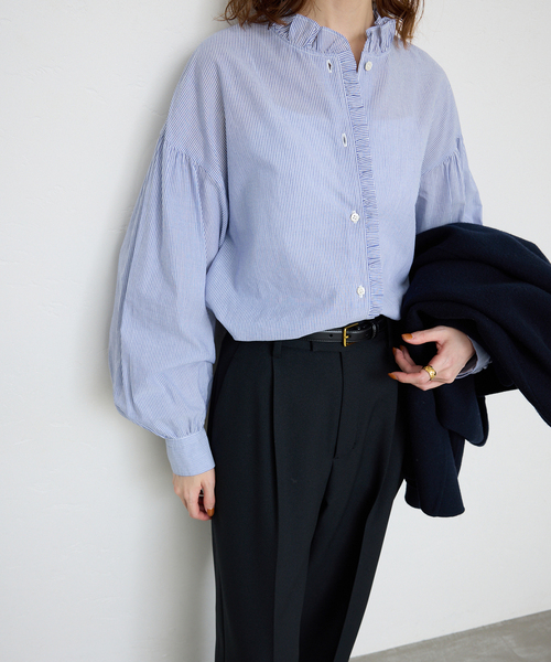 SLOBE IENA ショート丈　ブラウス　STRIPE CROPシャツ 追加》ミニフリルブラウス（シャツ／ブラウス）｜SLOBE IENA