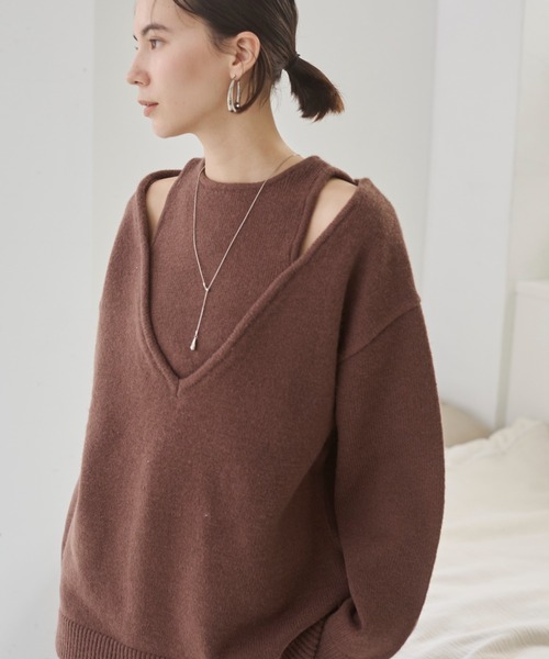 セール】フェイクレイヤードVネックニット（ニット/セーター）｜ANGIE