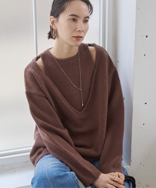 セール】フェイクレイヤードVネックニット（ニット/セーター）｜ANGIE