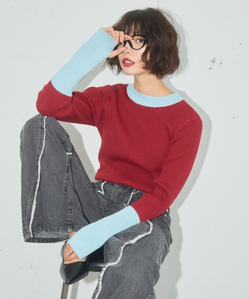 ELLEgirl（エルガール）の「配色ラメリブハイネックニットトップス【ELLEgirl/エル ガール】（ニット/セーター・レディース・レッド/ブラック/ダークブラウン・FREE）」の3枚目の写真