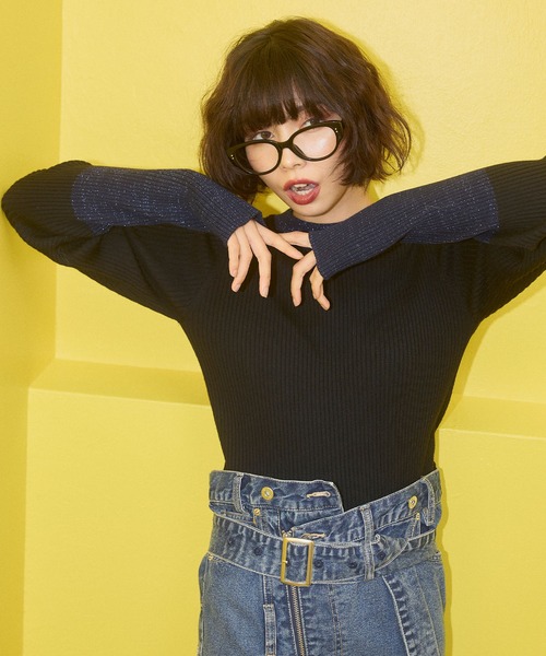 配色ラメリブハイネックニットトップス【ELLEgirl/エル ガール】（ニット/セーター）｜ELLEgirl（エルガール）