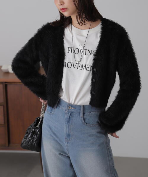 FREE'S MART（フリーズマート）の「◆Vネックフェザーショート丈カーディガン（カーディガン/ボレロ・レディース・ブラック/グリーン/ホワイト/グレー・FREE）」の5枚目の写真