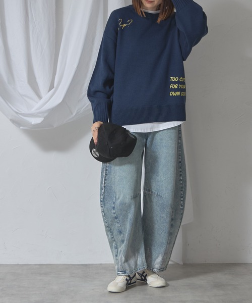 each（イーチ）の「箔ペイントカーブデニム（デニムパンツ・レディース・ライトブルー/ブラック・FREE）」の15枚目の写真