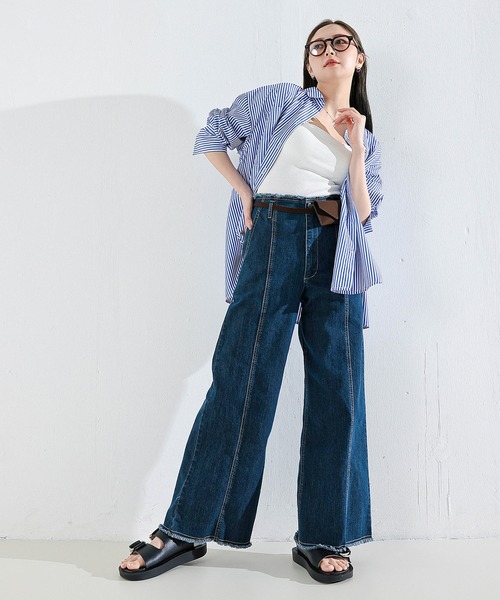en CAnAF(エンカナフ)の「【Iラインで美シルエット】ハイウエスト デニム ワイド パンツ(デニムパンツ・レディース・ライトブルー/ブルー・フリー)」の20枚目の写真