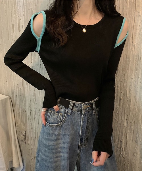 Asterellivi（アステレリビ）の「肩開きリブニットソー（Tシャツ/カットソー・レディース・グリーン/ブラウン/キャメル/ホワイト/ブラック・FREE）」の4枚目の写真