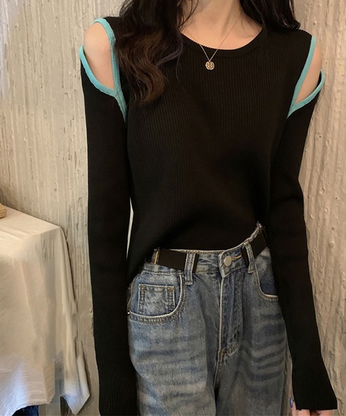 Asterellivi（アステレリビ）の「肩開きリブニットソー（Tシャツ/カットソー・レディース・グリーン/ブラウン/キャメル/ホワイト/ブラック・FREE）」の7枚目の写真