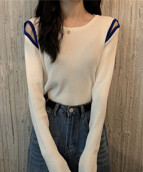 Asterellivi（アステレリビ）の「肩開きリブニットソー（Tシャツ/カットソー・レディース・グリーン/ブラウン/キャメル/ホワイト/ブラック・FREE）」の9枚目の写真