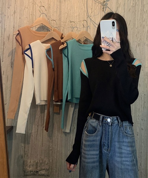 Asterellivi（アステレリビ）の「肩開きリブニットソー（Tシャツ/カットソー・レディース・グリーン/ブラウン/キャメル/ホワイト/ブラック・FREE）」の12枚目の写真