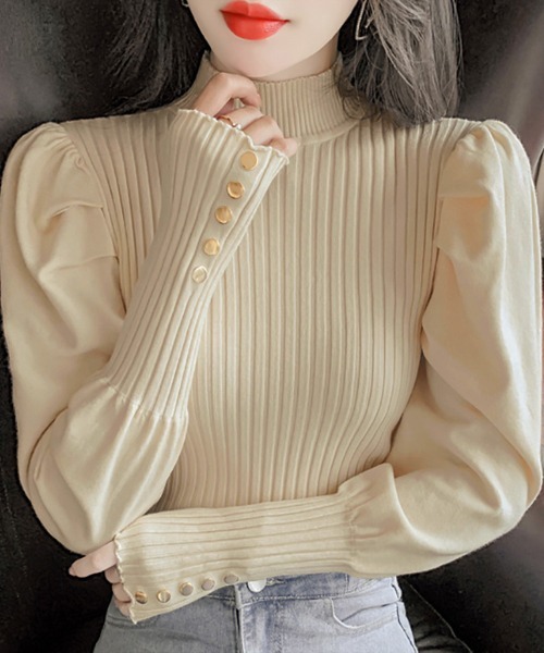 Miniministore(ミニミニストア)の「ボトルネックニットトップス 袖口金ボタン(ニット/セーター・レディース・ブラウン/ダークベージュ/レッド/グリーン/オフホワイト/ライトベージュ/ブラック/グレー・FREE)」の5枚目の写真