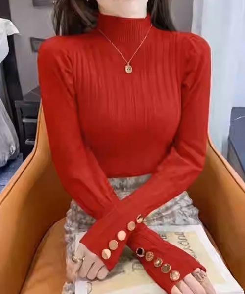 Miniministore(ミニミニストア)の「ボトルネックニットトップス 袖口金ボタン(ニット/セーター・レディース・ブラウン/ダークベージュ/レッド/グリーン/オフホワイト/ライトベージュ/ブラック/グレー・FREE)」の22枚目の写真