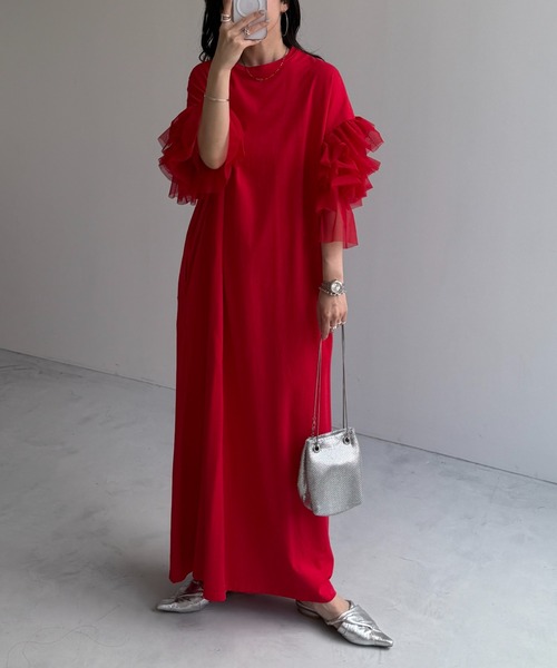 PLEATS PLEASE ミドル丈ワンピース チュニック フリル スリット 赤 中古・古着通販】PLEATS PLEASE (プリーツプリーズ) プリーツ