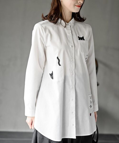 rps(アールピーエス)の「ねこだらけ3ポケットシャツチュニック(チュニック・レディース・ストライプ/チェック/オフホワイト・フリー)」の2枚目の写真