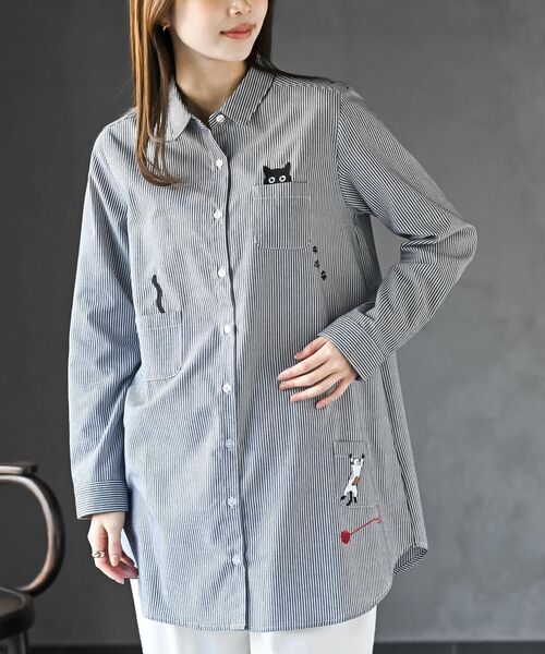 rps(アールピーエス)の「ねこだらけ3ポケットシャツチュニック(チュニック・レディース・ストライプ/チェック/オフホワイト・フリー)」の3枚目の写真