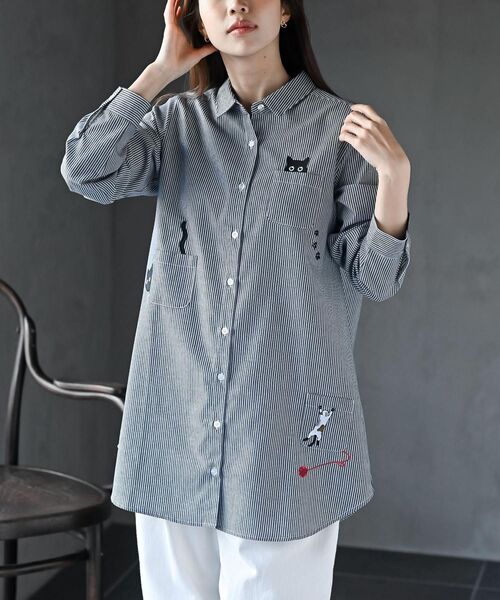 rps(アールピーエス)の「ねこだらけ3ポケットシャツチュニック(チュニック・レディース・ストライプ/チェック/オフホワイト・フリー)」の5枚目の写真